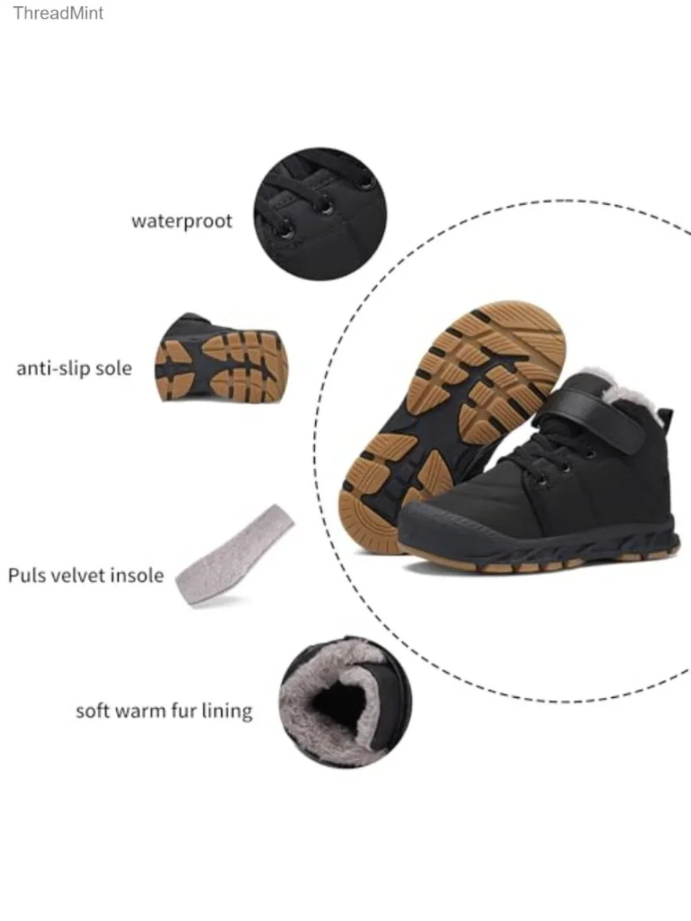 Boys Girls Waterproof Winter Snow Boots Non-Slip Ankle Boots